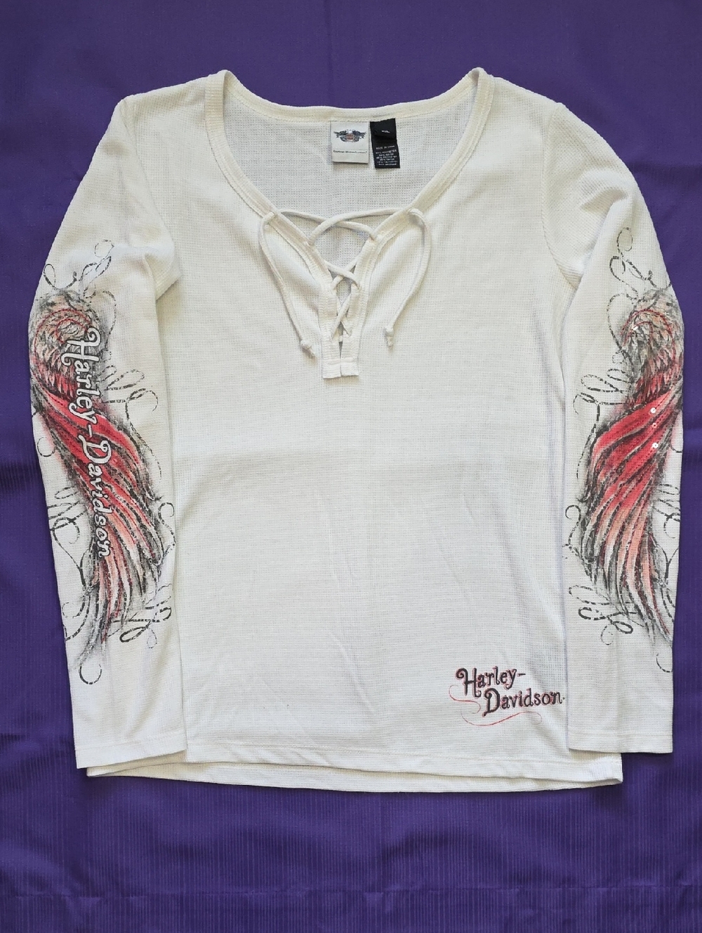 Harley-Davidson Cream Lace-Up Long Sleeve Tee with Pink and Black Wing Sleeves
